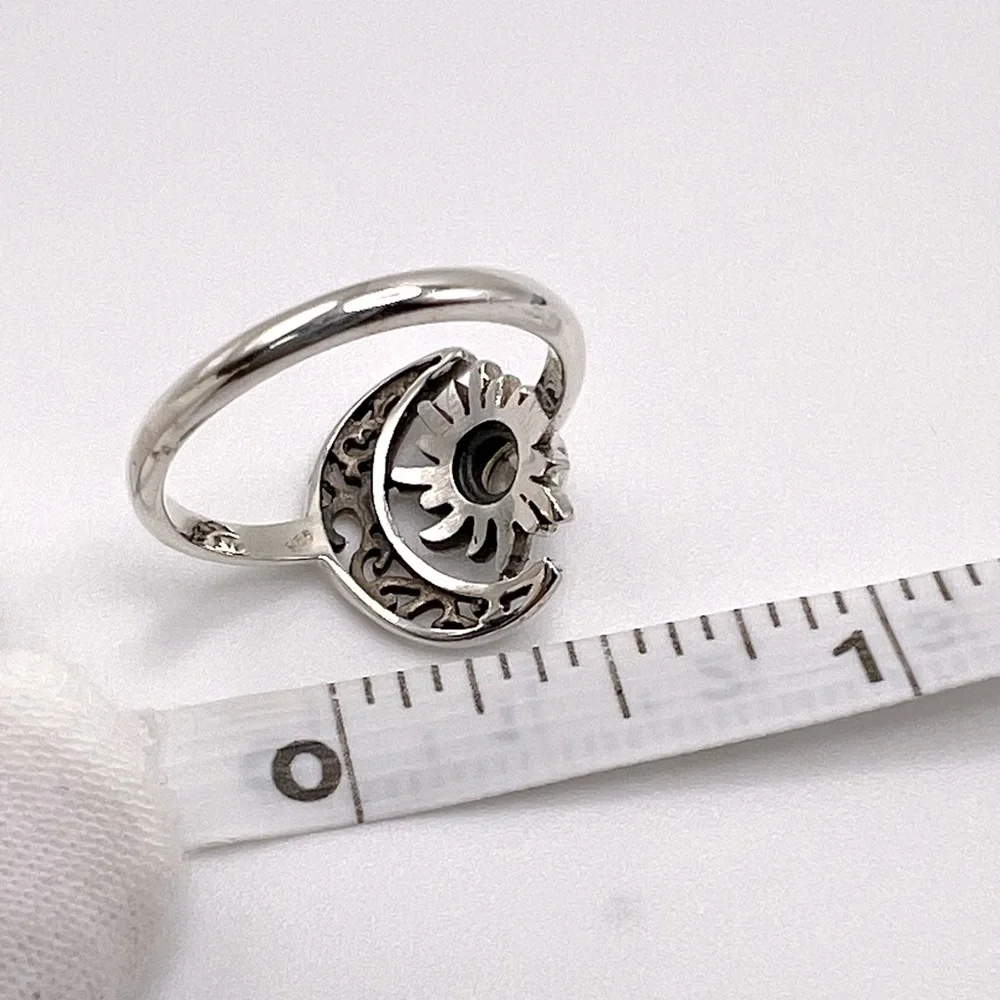 Genuine Rainbow Moonstone .825 Sterling Silver Filigree Crescent Moon & Sun Ring - Picture 17 of 17
